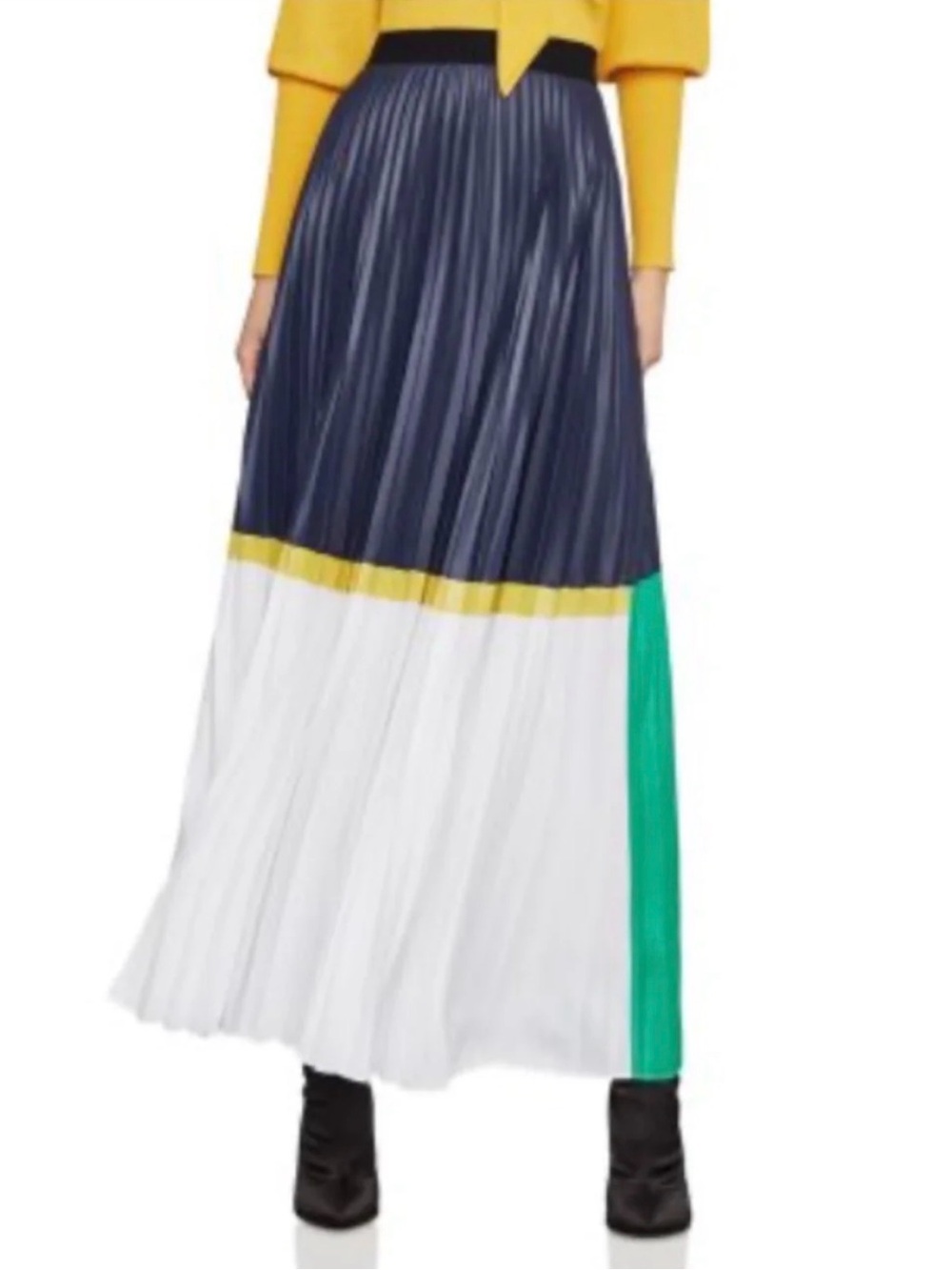 BCBGMaxAzria Navy, White & Green Pleated Colorblock Maxi Skirt with Yellow Trim - Picture 3 of 3
